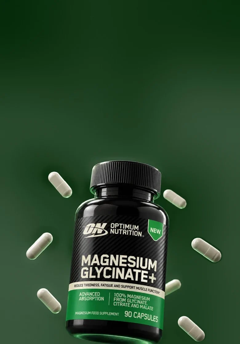 Optimum Nutrition Magnesium Glycinate+ 90 capsules tub surrounded by capsules